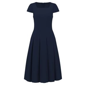 Women's Flare Dress Square Neck Business Work A Line Pleated Dress Navy Blue